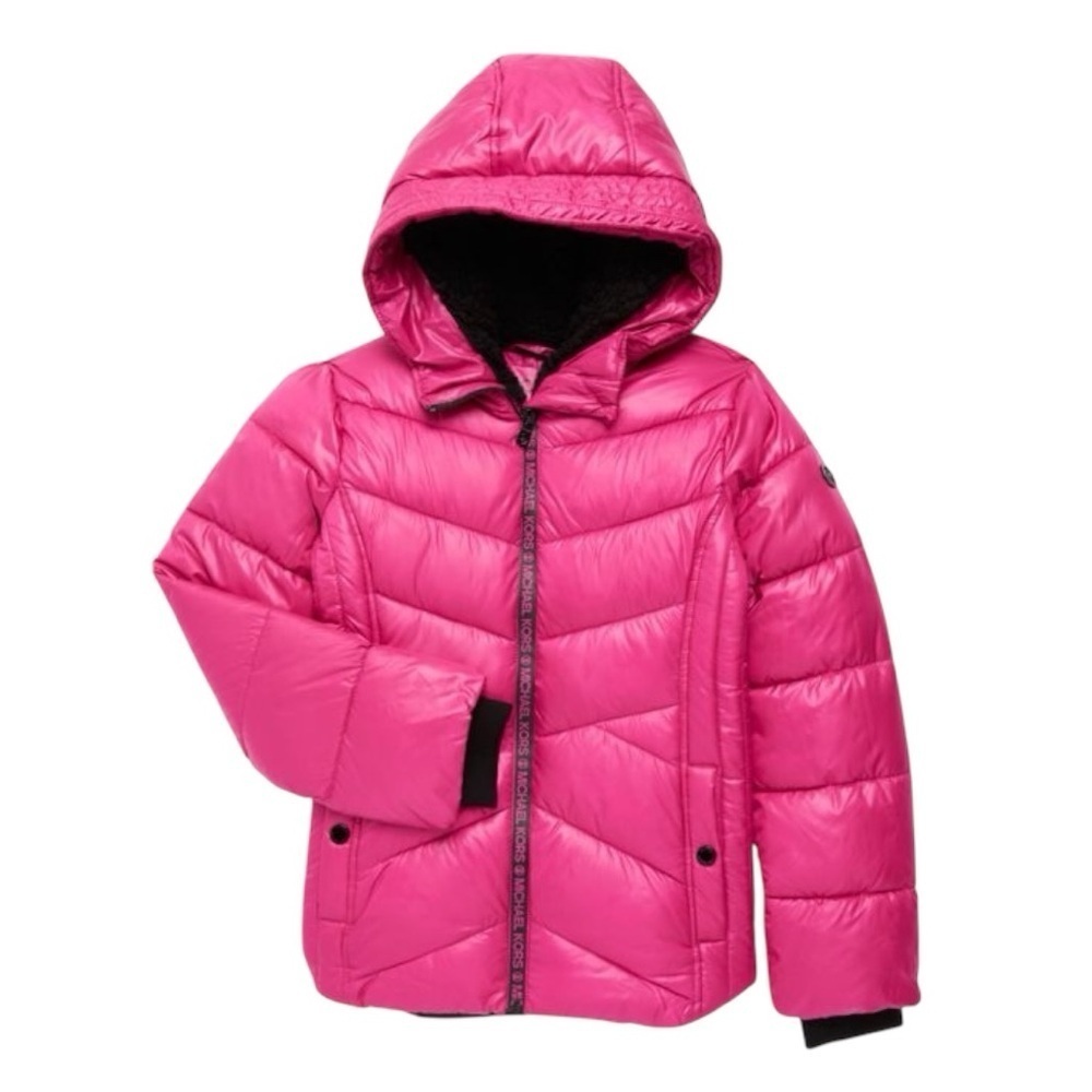 Michael Kors Girl's Pink and Black Faux Fur Lined Hooded Puffer Jacket Size 14